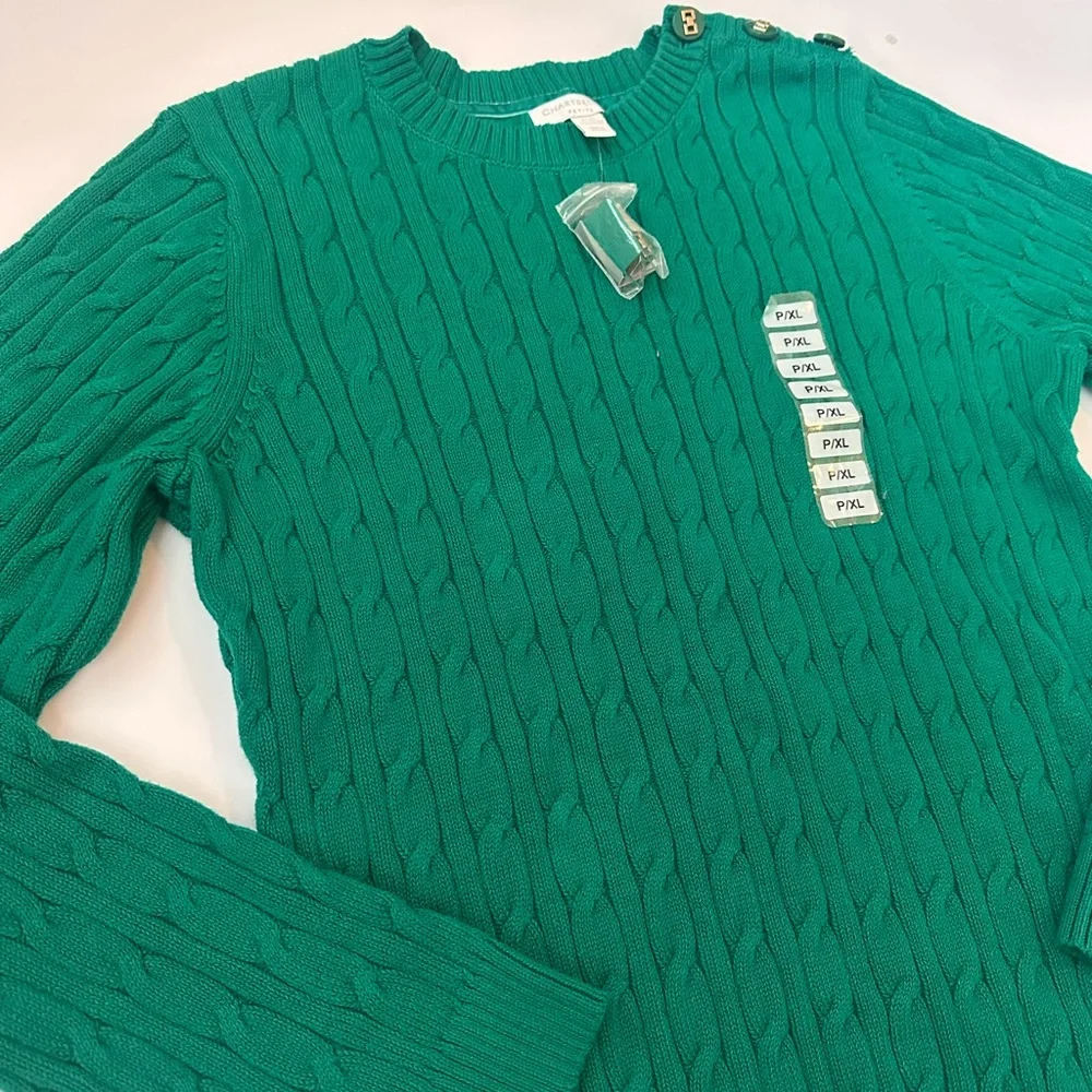Charter Club Marine Green Cable Women’s  knit Gold button sweater  XL/P NWT - Picture 3 of 8